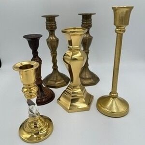 Set of 6 Vintage Brass and Gold Tone Candlesticks Holders Ornate Elegant Antique